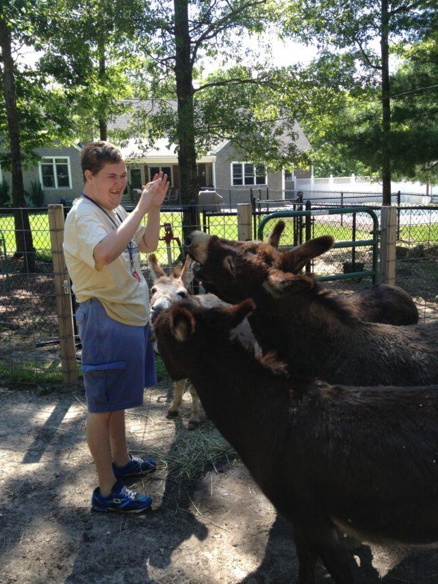 One of our adult residents hangs out with two of our six donkeys.